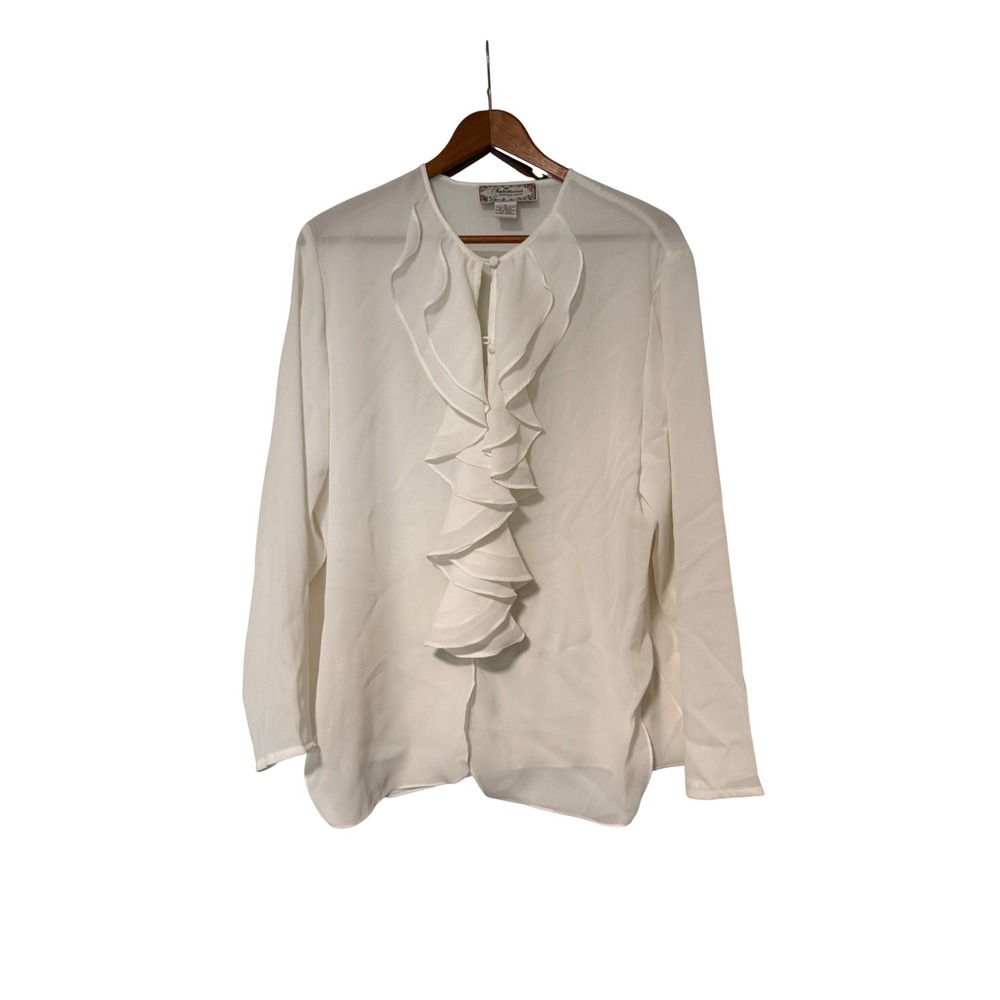 Reflections Vintage Ruffle Front Blouse Womens Large White Sheer Polyester